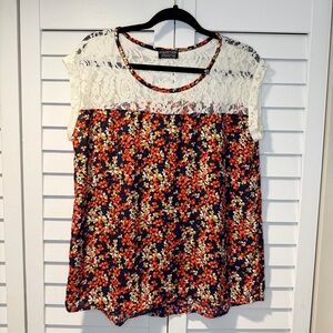 Papermoon Floral Lace Yoke Blouse Women XL Casual Top Navy Orange 🌸